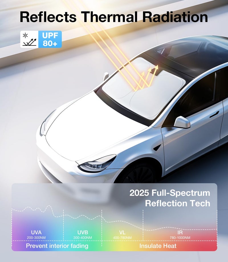 Wigoo 2025 Tesla New Model Y Accessories Windshield Sunshade [OEM Design, 100% Sun Blockage] Foldable Heat Insulation Sunshade with Storage Bag, for Model Y 2016~2026 (Juniper), Silver Coating - Image 3