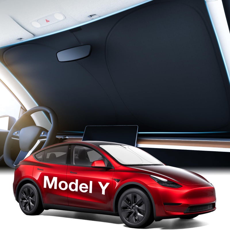 Wigoo 2025 Tesla New Model Y Accessories Windshield Sunshade [OEM Design, 100% Sun Blockage] Foldable Heat Insulation Sunshade with Storage Bag, for Model Y 2016~2026 (Juniper), Silver Coating - Image 1