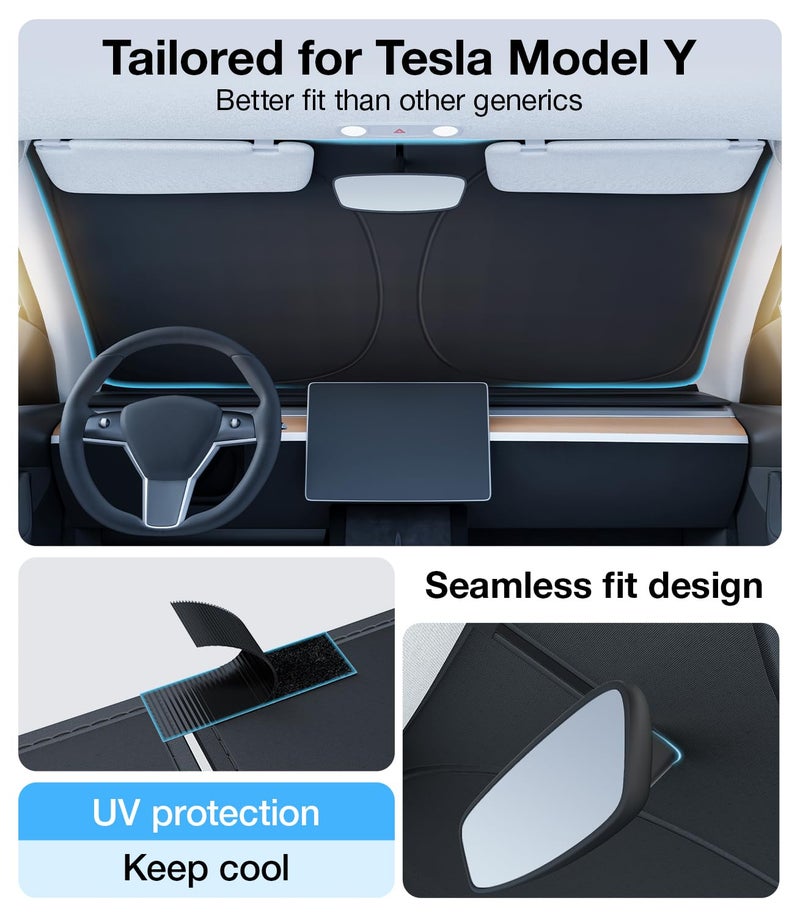 Wigoo 2025 Tesla New Model Y Accessories Windshield Sunshade [OEM Design, 100% Sun Blockage] Foldable Heat Insulation Sunshade with Storage Bag, for Model Y 2016~2026 (Juniper), Silver Coating - Image 4