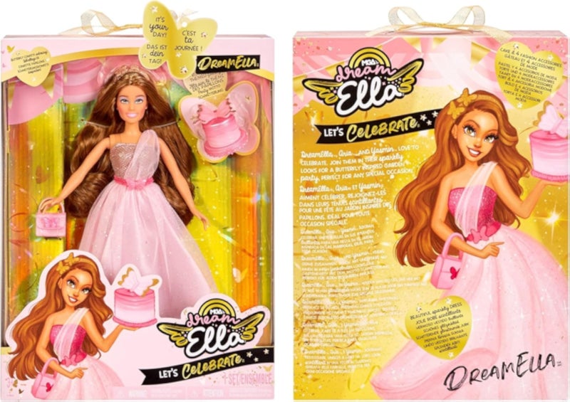 Barbie MGA Entertainment Dream Ella Let's Celebrate Doll, Pink & Gold Glitter Butterfly Confetti Unboxing 11.5 Inches Brunette Party Fashion Doll