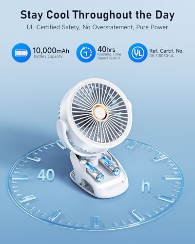 PILSAMAS Clip on Fan Rechargeable with LED Light, 10000mAh Battery & Digital Display, 40H, 5-Speed Quiet Desk Fan with Sturdy Clamp for Bed, Office, Camping, Stroller, Gym, Treadmill (160°H 90°V) - Image 3