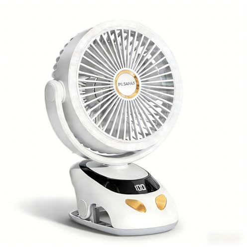 PILSAMAS Clip on Fan Rechargeable with LED Light, 10000mAh Battery & Digital Display, 40H, 5-Speed Quiet Desk Fan with Sturdy Clamp for Bed, Office, Camping, Stroller, Gym, Treadmill (160°H 90°V) - Image 1