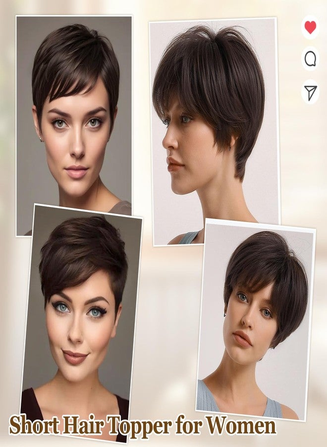 Creamily Brown Short Hair Toppers for Women with Thinning Hair 360°3D Cover with 3 Clips Hair Pieces Wispy Bangs 4.6"*3.6" Coverage(Dark Brown/#2) - Image 2