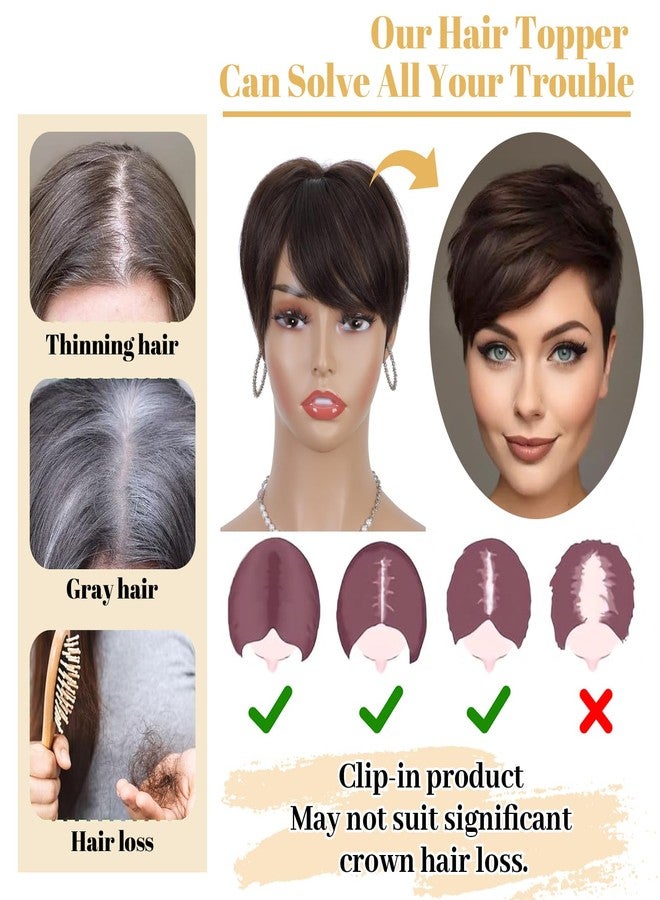 Creamily Brown Short Hair Toppers for Women with Thinning Hair 360°3D Cover with 3 Clips Hair Pieces Wispy Bangs 4.6"*3.6" Coverage(Dark Brown/#2) - Image 5