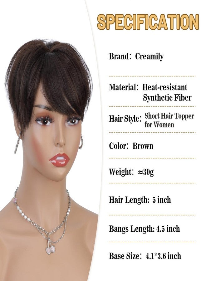 Creamily Brown Short Hair Toppers for Women with Thinning Hair 360°3D Cover with 3 Clips Hair Pieces Wispy Bangs 4.6"*3.6" Coverage(Dark Brown/#2) - Image 3