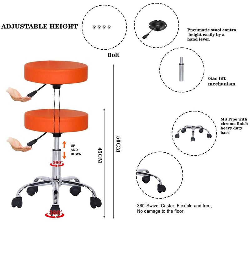 Generic NGFC Doctor Stool with Adjustable Height Wheels and Bonded Leather Upholstery Sitting Stool for for DoctorKitchen StoolOffice StoolChairCafCafeteria StoolMetal Bar Stool Orange  - Image 2