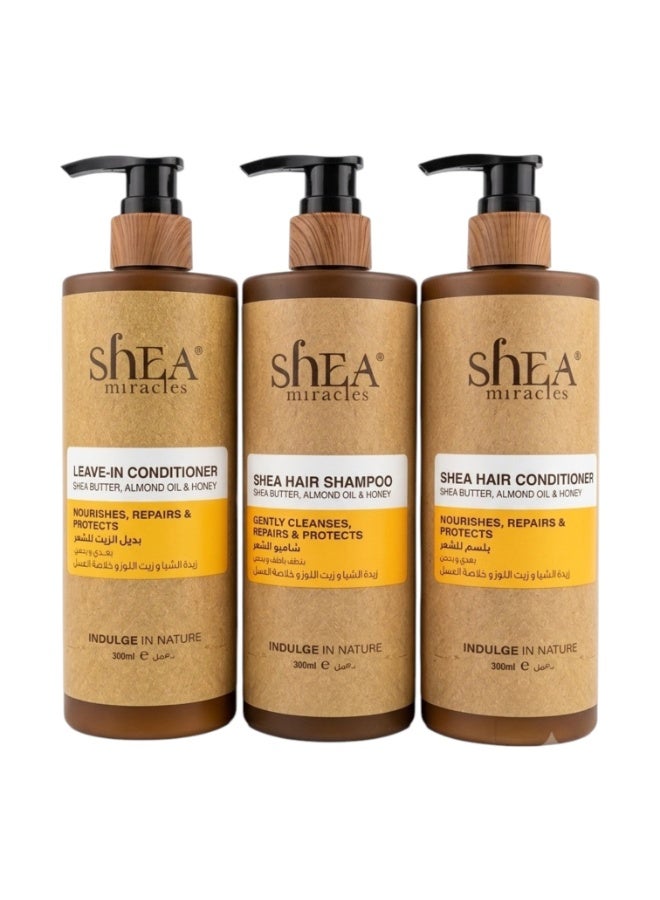 ShEA miracles Shampoo 300 ml  Conditioner 300 ml  and Oil Replacement 300 ml for Hair With Shea Dutter  Almond Oil and Honey Extract  Suitable for Damaged and Very Dry Hair. - Image 1