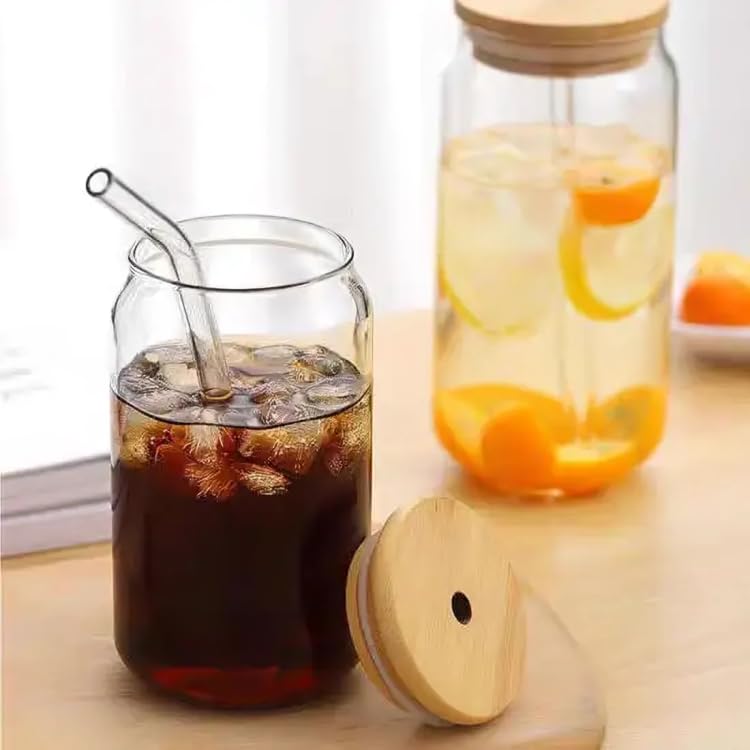 SKDBPM Glass Tumbler with Bamboo Lid and Glass Straw Glass Reusable Coffee Sipper Mug Clear Drinking Cup for Juice Iced Tea Adults Girls Can with Wooden LidPack of 1500ML - Image 2