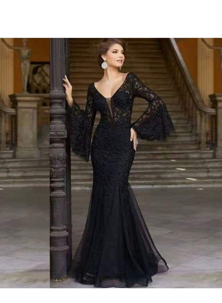NIBEMINENT Ladies' Dress Lace Embroidered Fishtail Fitted Evening Dress - Image 1