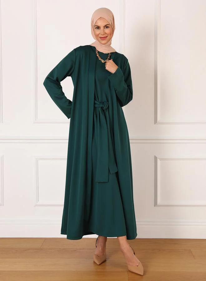 Refka by modanisa Refka by modanisa Emerald Green Waist Tie Up Maxi Dress with Kimono Co-Ords