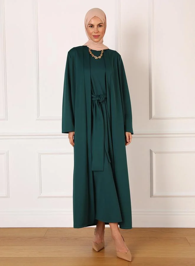 Refka by modanisa Refka by modanisa Emerald Green Waist Tie Up Maxi Dress with Kimono Co-Ords