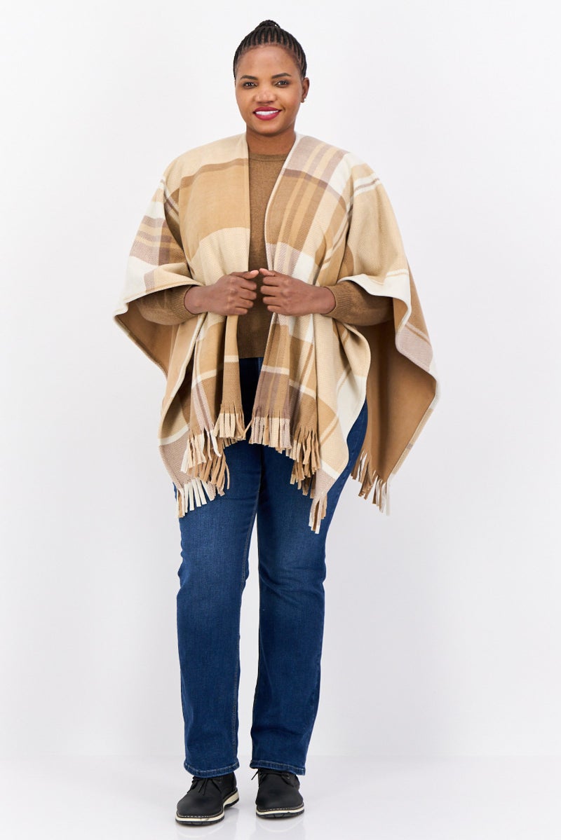 London Fog Women Checkered Poncho With Fringes, Tan  - Image 4