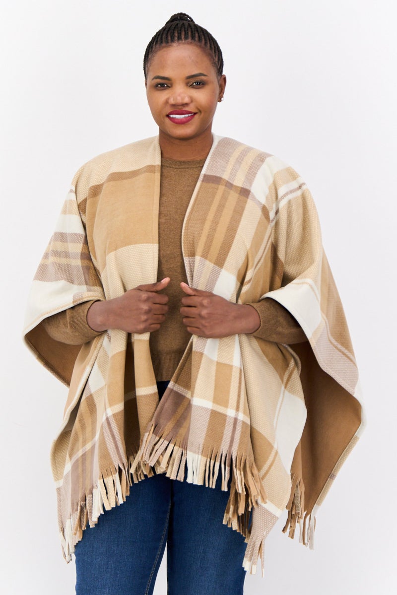 London Fog Women Checkered Poncho With Fringes, Tan  - Image 1