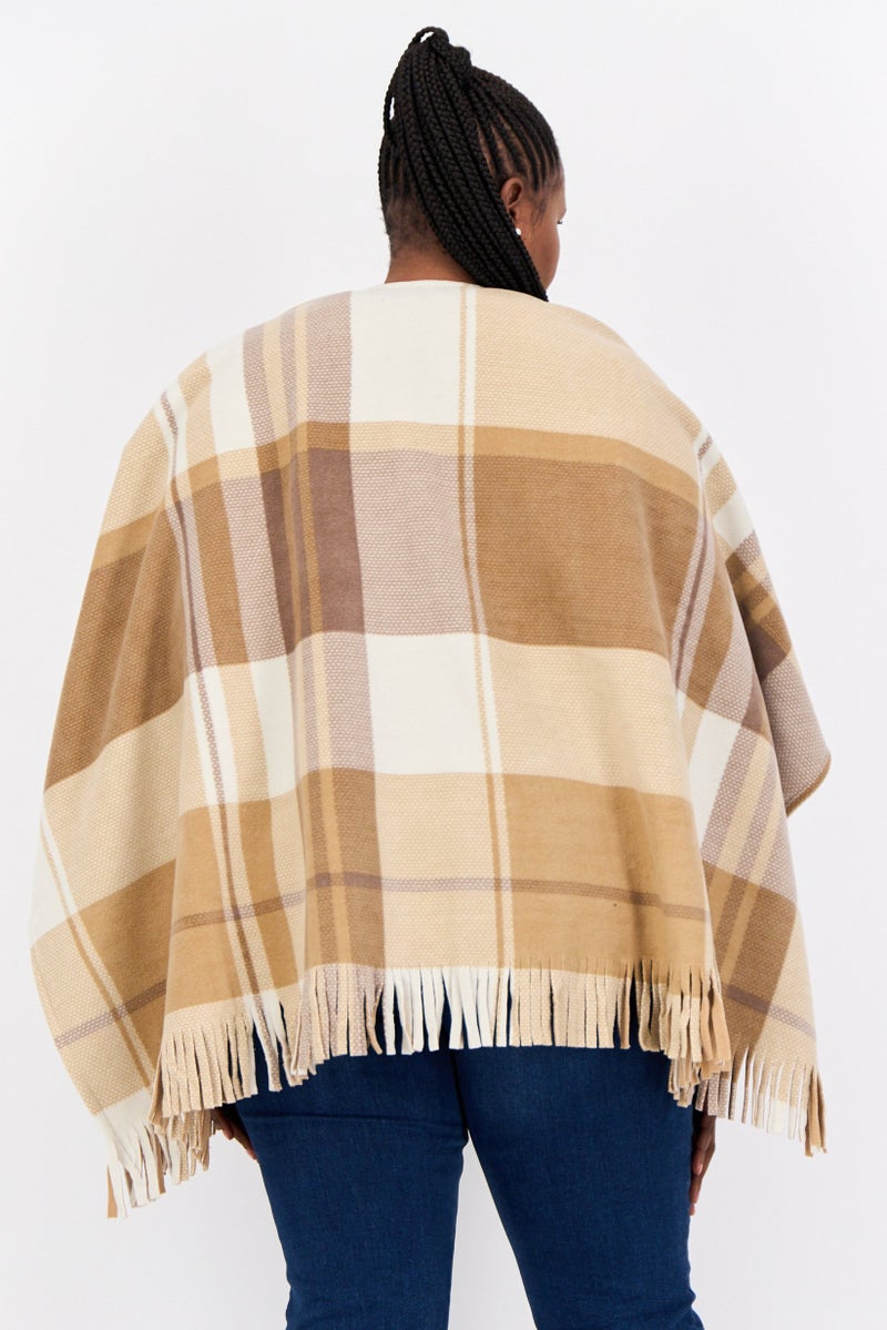 London Fog Women Checkered Poncho With Fringes, Tan  - Image 3