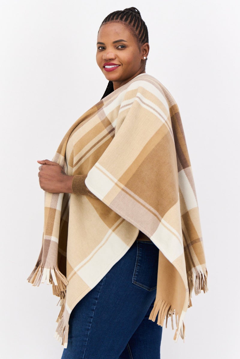 London Fog Women Checkered Poncho With Fringes, Tan  - Image 2