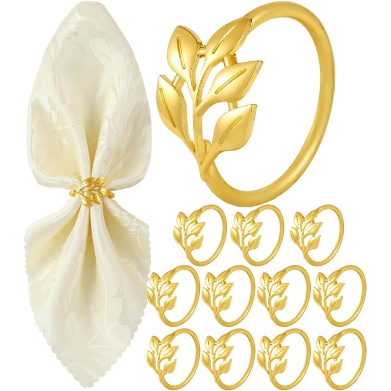 Gold Napkin Rings Set of 12, Durable Polished Leaf Shaped Napkin Rings Table Decor for Christmas, Wedding, Party, Table Settings - Image 1