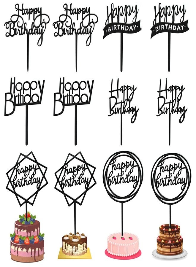 Chewarelly 12 Pack Multi Styles Birthday Cake Topper Set, Acrylic Cake Bunting Decor Birthday Cake Picks Party Decorations Supplies(Black) - Image 1