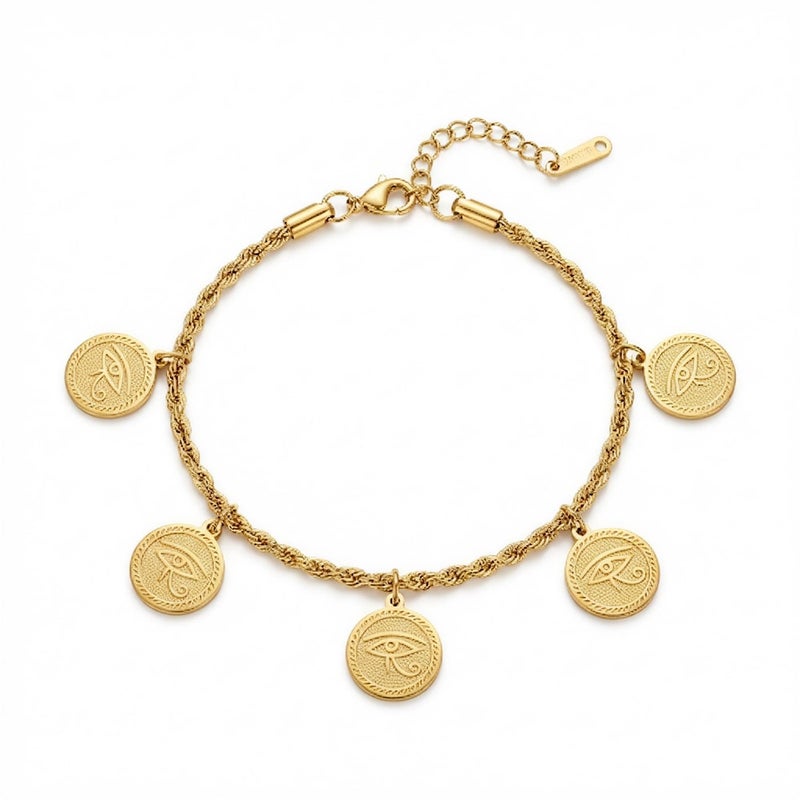 An elegant gold bracelet made of rust-resistant stainless steel, with a braided chain from which five coins with the Eye of Horus dangle, a design that highlights your look, with an adjustable clasp to suit you. - Image 1