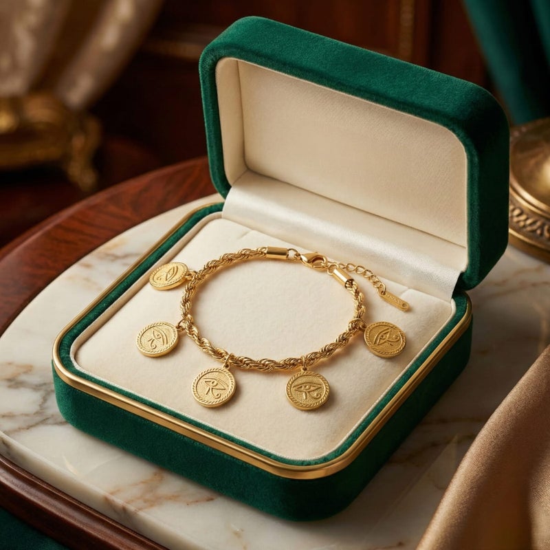 An elegant gold bracelet made of rust-resistant stainless steel, with a braided chain from which five coins with the Eye of Horus dangle, a design that highlights your look, with an adjustable clasp to suit you. - Image 2