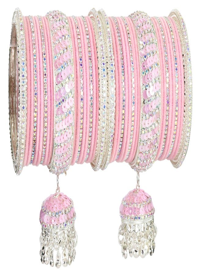 NMII Styish Metal with Zircon Stone and Bells Latkan Bangles Set For Women and Girls | kalira Bangles | Pink Kada Bangles | Chuda Bangles | Girl's Bangles | Bangles with Hanging-(F191-Pink-2.4) - Image 1