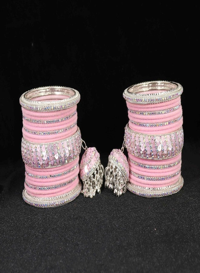 NMII Styish Metal with Zircon Stone and Bells Latkan Bangles Set For Women and Girls | kalira Bangles | Pink Kada Bangles | Chuda Bangles | Girl's Bangles | Bangles with Hanging-(F191-Pink-2.4) - Image 4