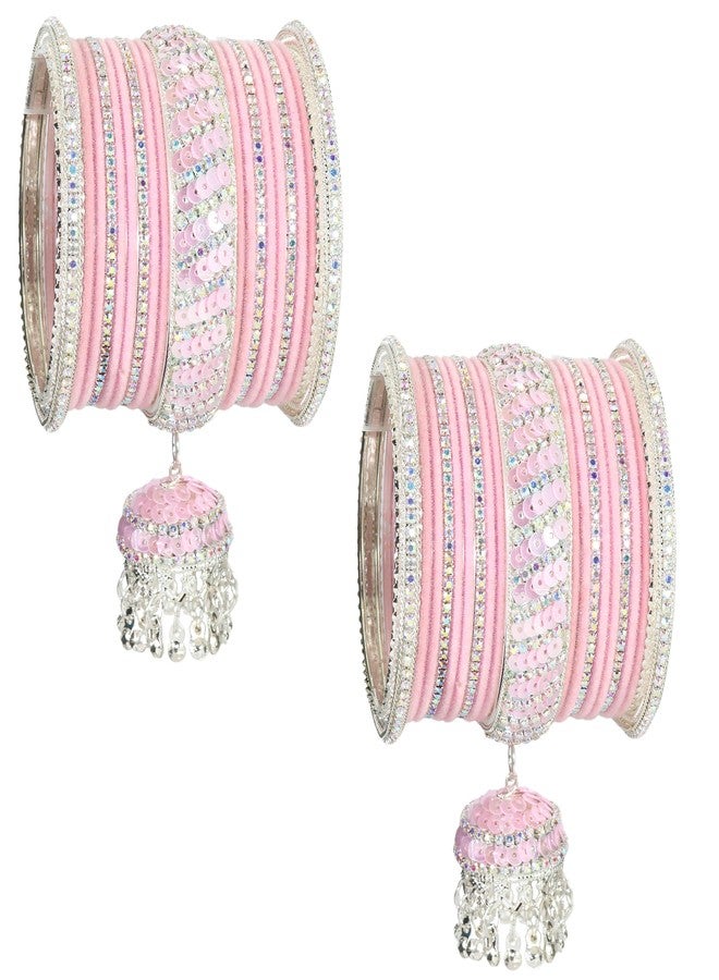 NMII Styish Metal with Zircon Stone and Bells Latkan Bangles Set For Women and Girls | kalira Bangles | Pink Kada Bangles | Chuda Bangles | Girl's Bangles | Bangles with Hanging-(F191-Pink-2.4) - Image 2