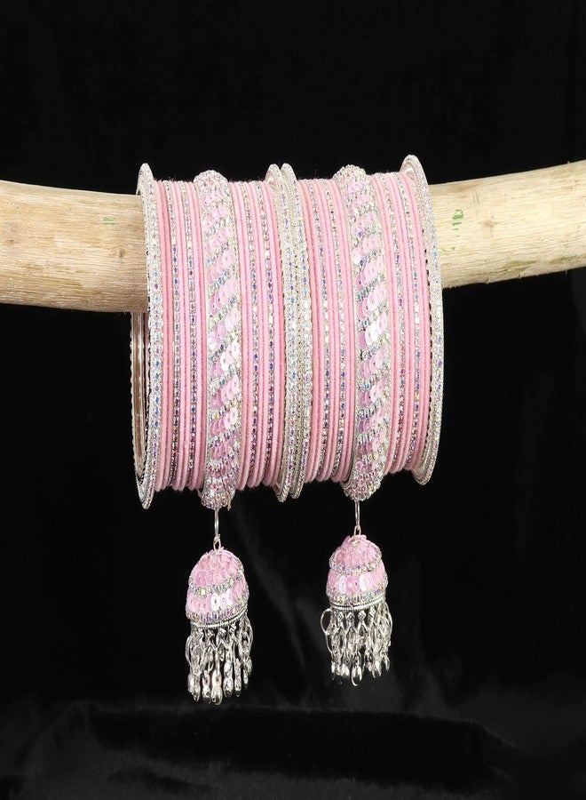 NMII Styish Metal with Zircon Stone and Bells Latkan Bangles Set For Women and Girls | kalira Bangles | Pink Kada Bangles | Chuda Bangles | Girl's Bangles | Bangles with Hanging-(F191-Pink-2.4) - Image 3