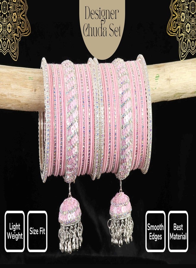 NMII Styish Metal with Zircon Stone and Bells Latkan Bangles Set For Women and Girls | kalira Bangles | Pink Kada Bangles | Chuda Bangles | Girl's Bangles | Bangles with Hanging-(F191-Pink-2.4) - Image 5