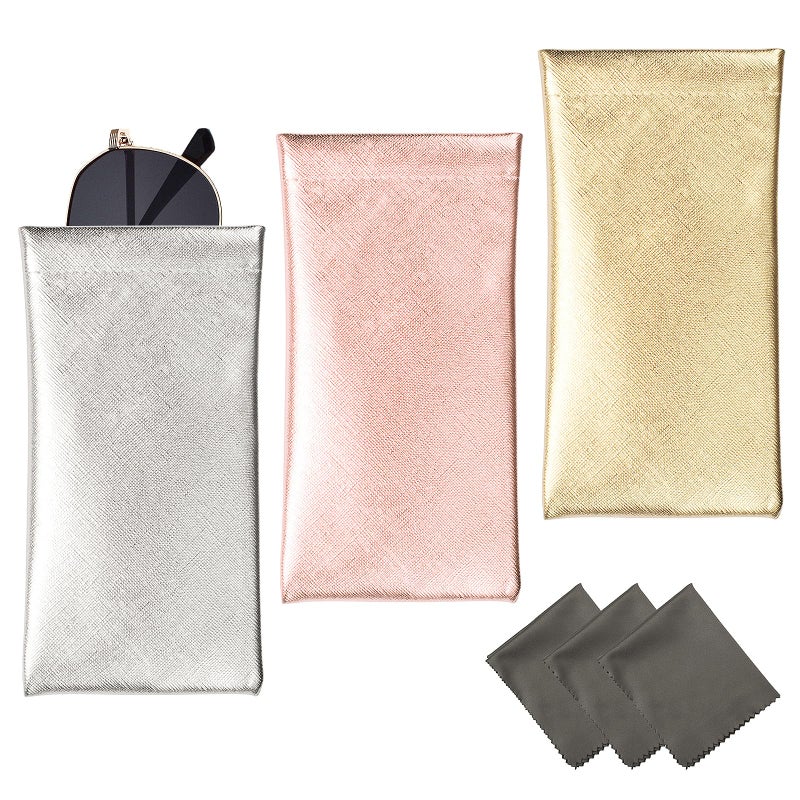 Vemiss 3 Pack Glasses Case,Squeeze Top Soft Portable Pouch for Sunglass eyeglass (Silver Pink Gold) - Image 1