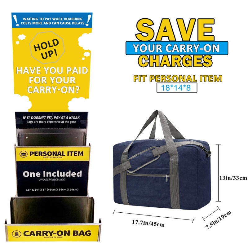 Beurlike For Spirit Airlines Personal Item Bag 18x14x8 Foldable Carry on Bags for Airplanes Travel Duffel Bags for Women and Men(Snow Navy (With Shoulder Strap)) - Image 2