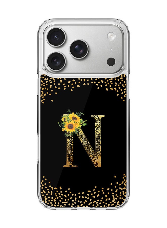 Stylizedd Classic Clear MagSafe Case for iPhone 17 Pro , Hybrid Soft Case Flexible Edges Anti Drop TPU PC Gel Thin Transparent Cover [ Designed for iPhone 17 Pro ] - Custom Monogram Initial Letter Floral Pattern Alphabet - N ( Black )