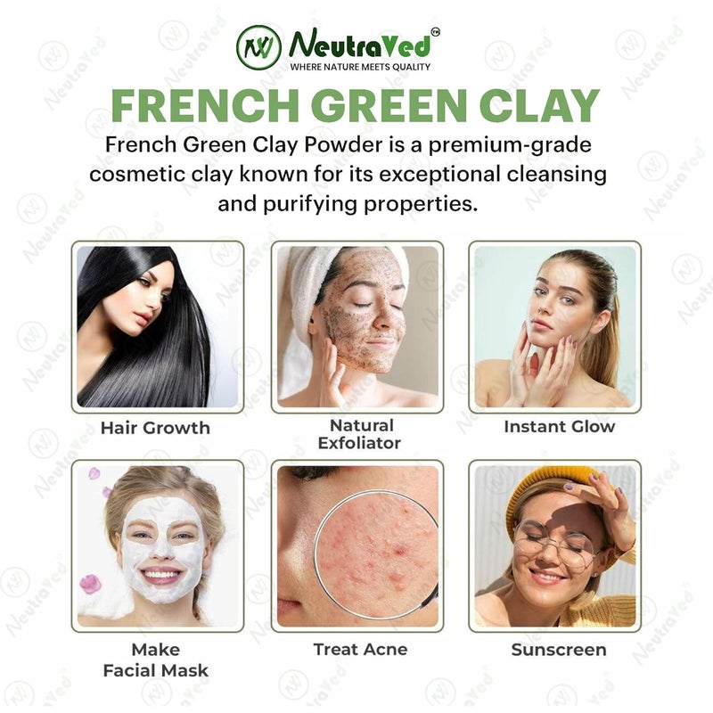 NeutraVed French Green Clay Powder Your Pure and Natural Solution for Skincare Face Scrubs and Body Cleansers for All Skin Type Reusable StandUp Zipper Pouch 200g - Image 5