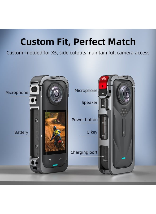Camera Expansion Cage+Silicon Lens Protector for Insta360 X5, with 1/4 Threaded Hole Dual Cold Shoe Mount,  Expansion Adapter Accessories for Insta 360 X5