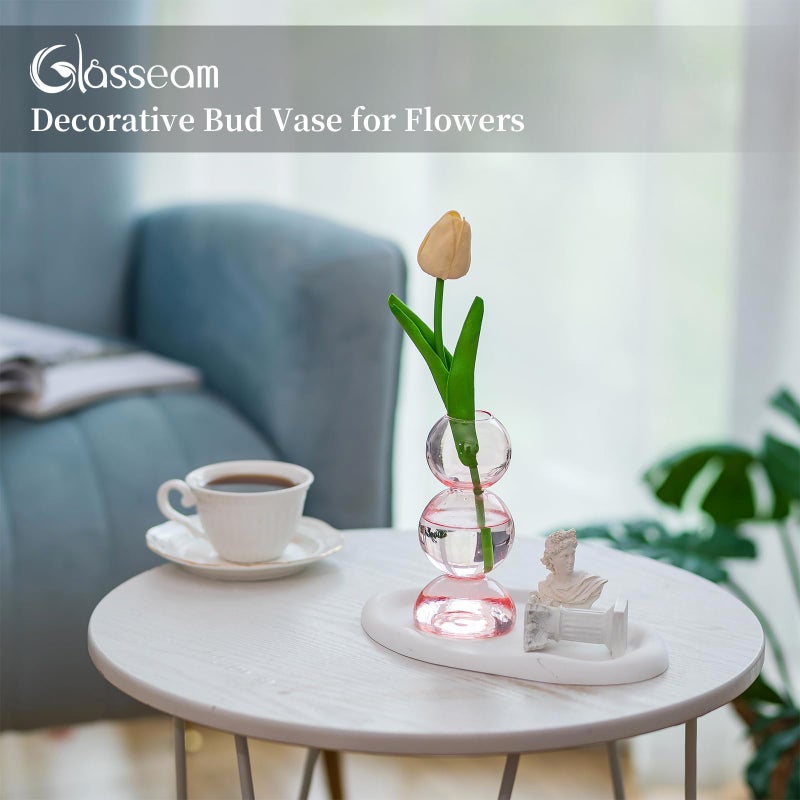 Glasseam Cute Pink Flower Vase, Unique Handmade Glass Vase for Flowers, Aesthetic Small Bud Vase Decor, Modern Ball Round Decorative Propagation Vases for Living Room Dining Table Decorations - Image 3