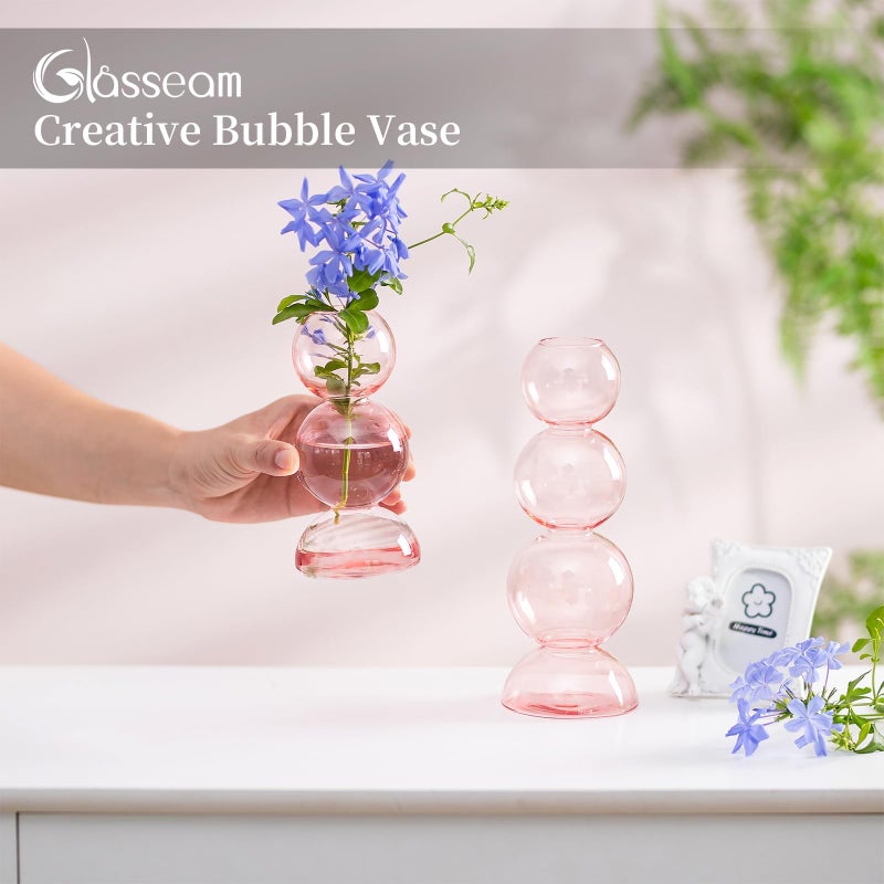 Glasseam Cute Pink Flower Vase, Unique Handmade Glass Vase for Flowers, Aesthetic Small Bud Vase Decor, Modern Ball Round Decorative Propagation Vases for Living Room Dining Table Decorations - Image 4