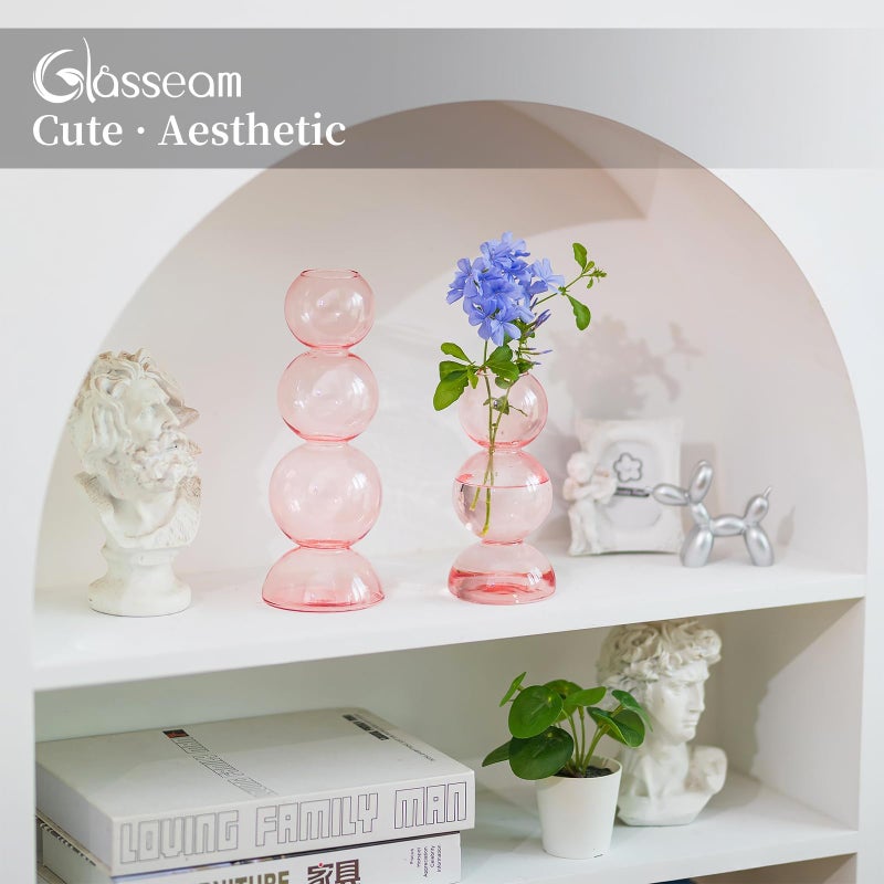 Glasseam Cute Pink Flower Vase, Unique Handmade Glass Vase for Flowers, Aesthetic Small Bud Vase Decor, Modern Ball Round Decorative Propagation Vases for Living Room Dining Table Decorations - Image 2