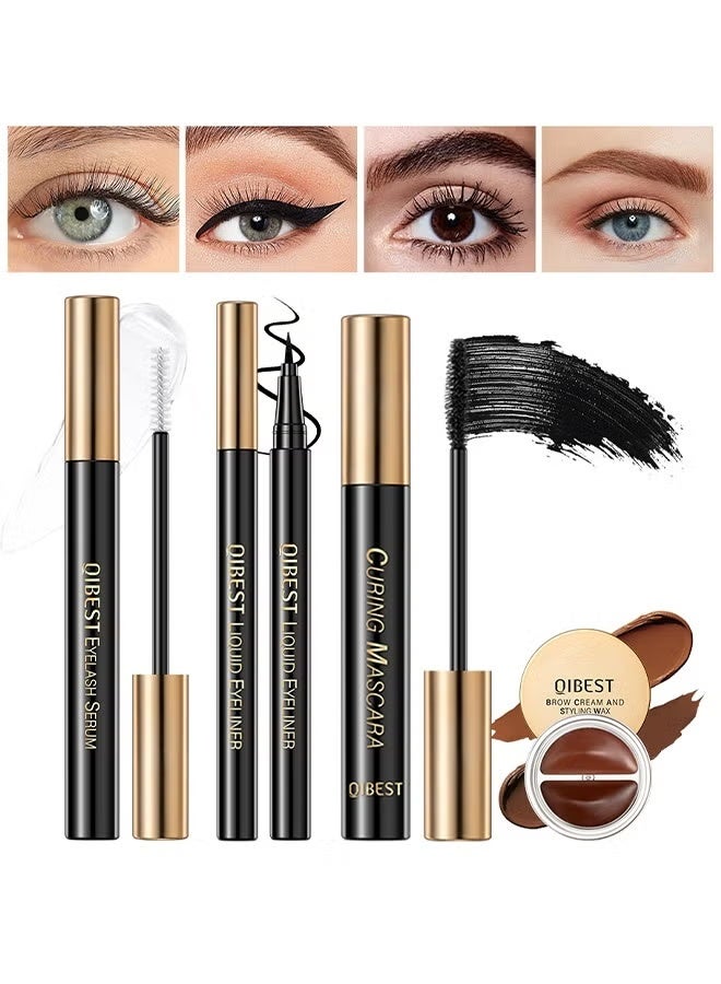 QiBest 4Pcs Brow and Eye Makeup Set 4 in 1 Black Eyelash Curling Mascara Liquid Eyeliner Brow Cream Styling Wax and Eyelash Growth Serum Eyelash and Eyebrow Makeup Kit - Image 1