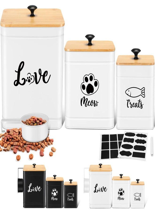 Jingmore Metal Airtight Cat Food Containers Set of 3 with Bamboo Lids and Spoon 7+3+2 Lbs Cat Treat Storage Container Countertop with DIY Labels Pet Cookie Organizer Jars for Kitchen Counter(White) - Image 1