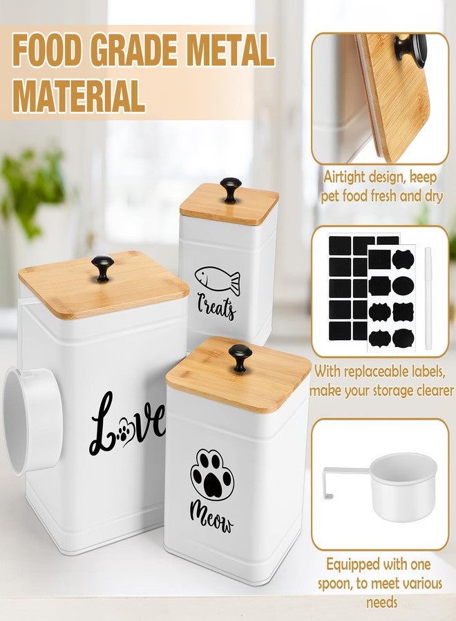 Jingmore Metal Airtight Cat Food Containers Set of 3 with Bamboo Lids and Spoon 7+3+2 Lbs Cat Treat Storage Container Countertop with DIY Labels Pet Cookie Organizer Jars for Kitchen Counter(White) - Image 3