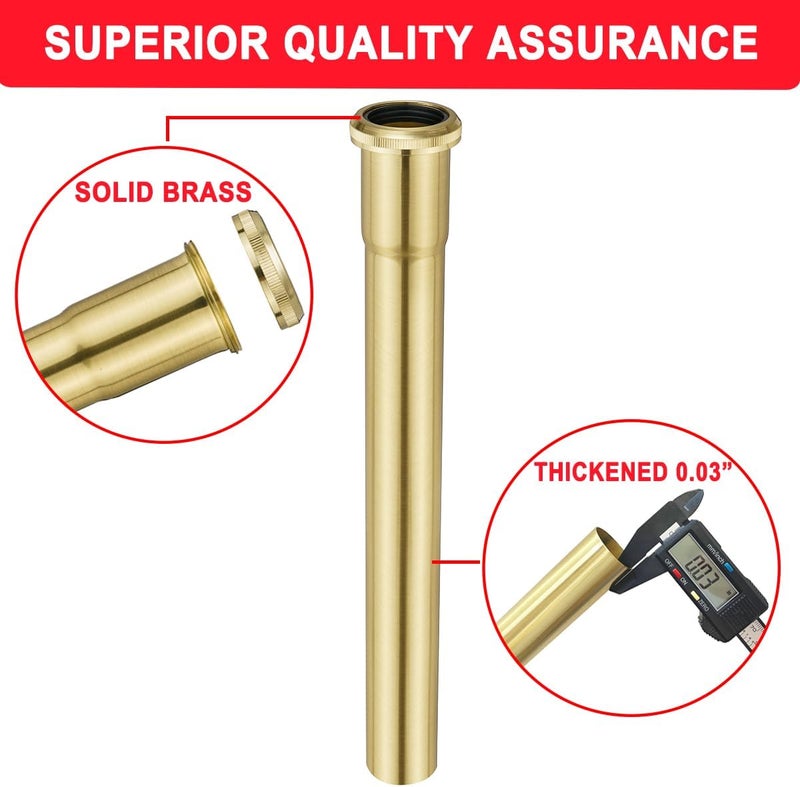 Cinsda 1-1/4 O.D x 12" Brass Slip Joint Extension Tube, Heavy Duty Extension Tube for Bathroom Sink Drain Tailpiece, Brushed Gold - Image 4