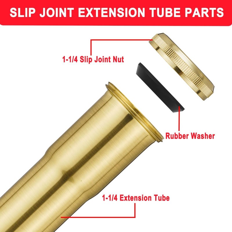 Cinsda 1-1/4 O.D x 12" Brass Slip Joint Extension Tube, Heavy Duty Extension Tube for Bathroom Sink Drain Tailpiece, Brushed Gold - Image 3