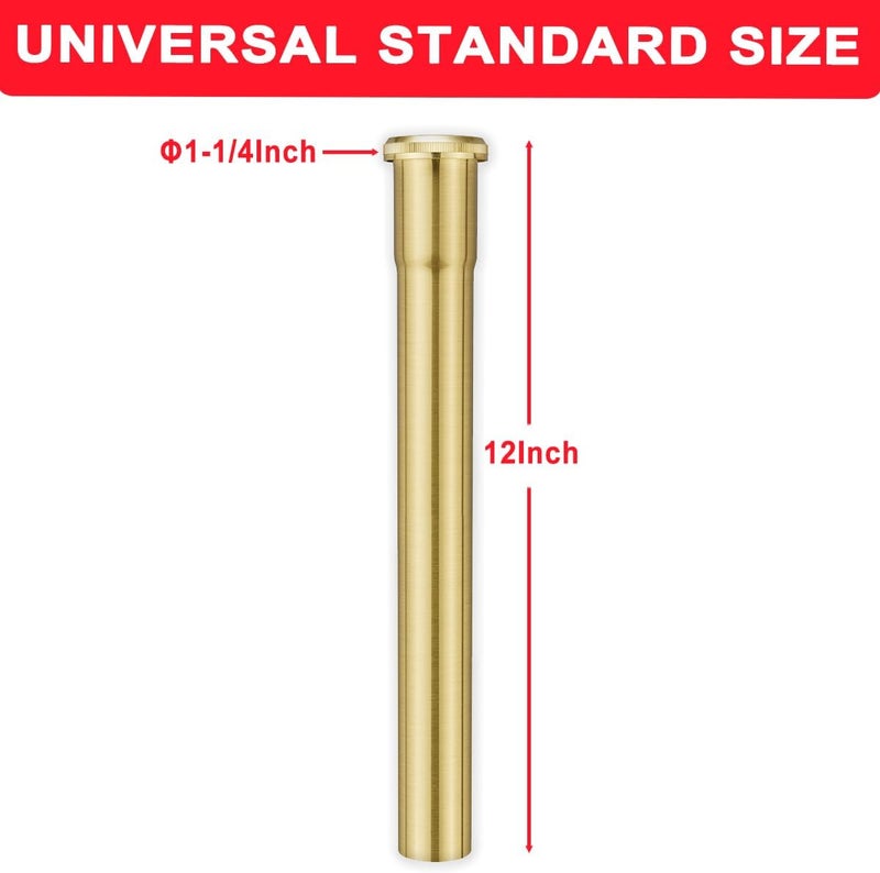 Cinsda 1-1/4 O.D x 12" Brass Slip Joint Extension Tube, Heavy Duty Extension Tube for Bathroom Sink Drain Tailpiece, Brushed Gold - Image 2