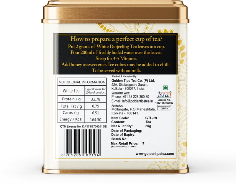 Golden Tips White Exotica Tea Loose Leaves Tin can (25 Gram, 12 cups) - Image 2