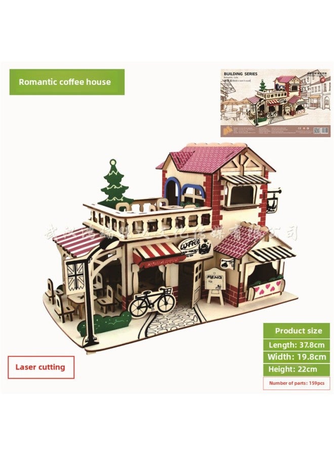 Laser Cutting Ancient Building Model Handmade Three-dimensional Wooden Puzzle Antique Series Toys Wholesale-Color:Romantic Coffee House (spell Joint Laser Board) - Image 1