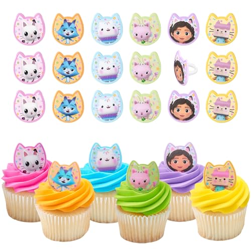 DecoPac DreamWorks Gabbys Dollhouse Rings 24 Cupcake Decorations Featuring Gabby Pandy Paws Irresistible Kitty Characters and Super Fun Adventures 24 Pack - Image 1