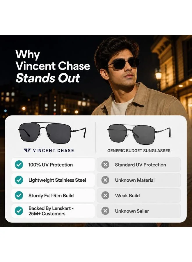 Vincent Chase  Vincent Chase By Lenskart | Vintage Full Rim Square Frame Polarized & UV Protected Sunglasses | Men & Women | Large | Black | VC S13716  | Best Price UAE