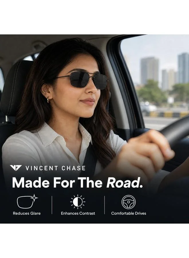 Vincent Chase  Vincent Chase By Lenskart | Vintage Full Rim Square Frame Polarized & UV Protected Sunglasses | Men & Women | Large | Black | VC S13716  | Best Price UAE