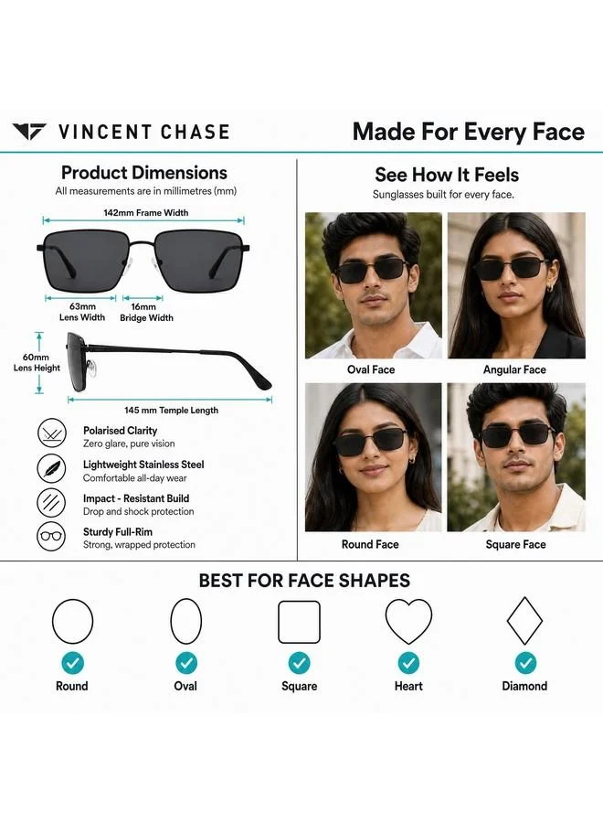 Vincent Chase  Vincent Chase By Lenskart | Vintage Full Rim Square Frame Polarized & UV Protected Sunglasses | Men & Women | Large | Black | VC S13716  | Best Price UAE