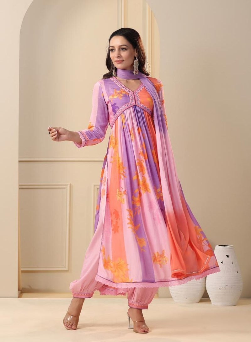 PRIYA'S PANACHE Muslin Floral Print Kurta Pant Dupatta Set