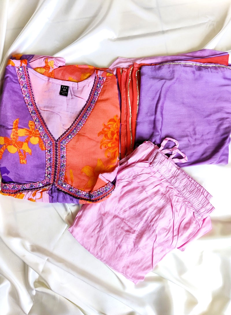 PRIYA'S PANACHE Muslin Floral Print Kurta Pant Dupatta Set